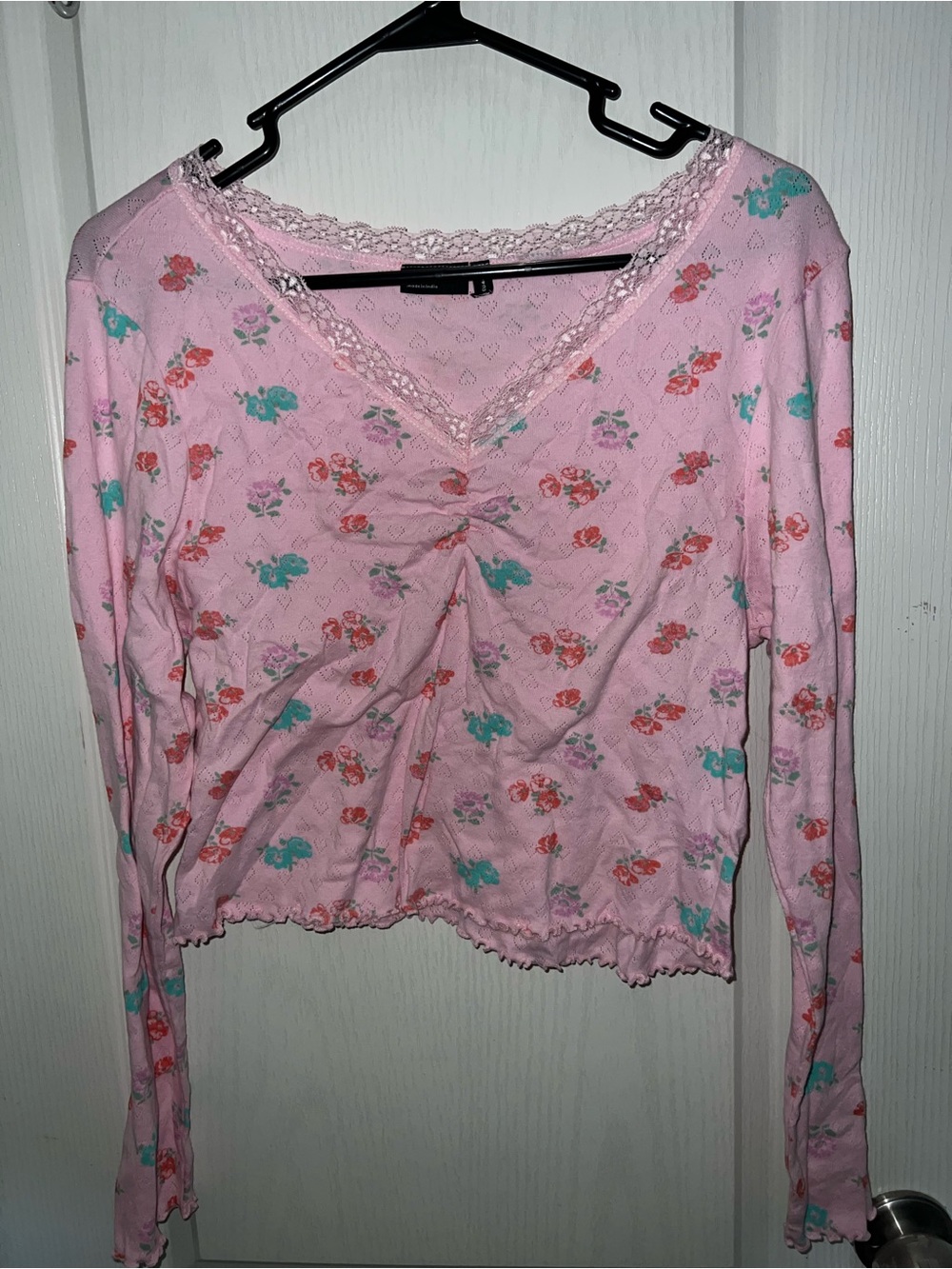 Pink Floral Lace-Trim Long Sleeve Top